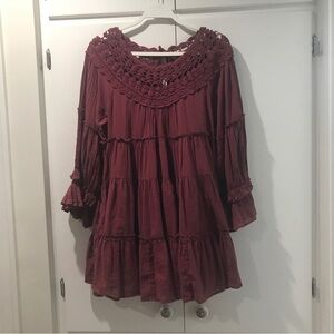 Free People Mini Dress or Tunic S Burgundy Crochet Trim